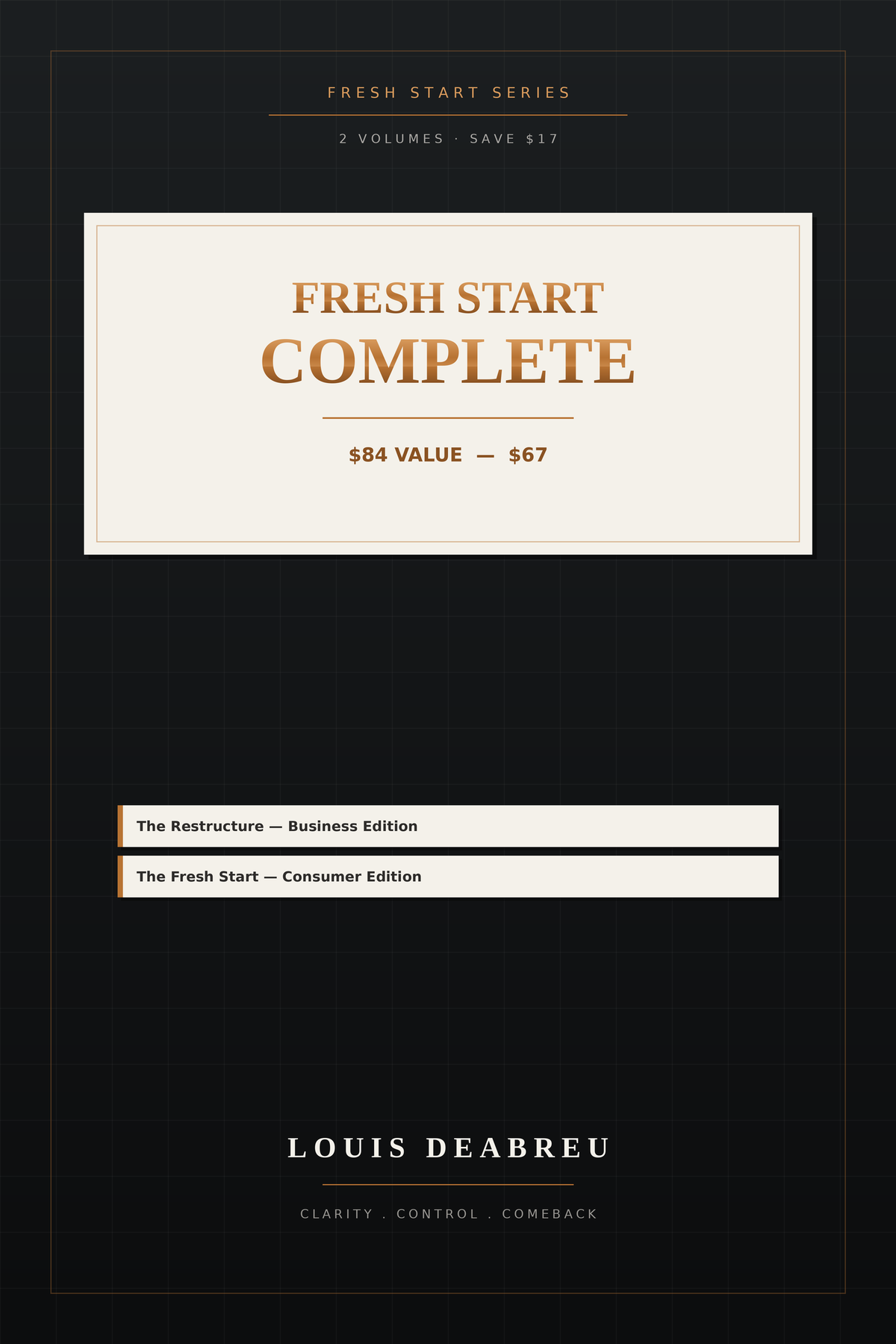 Fresh Start Series Complete Bundle — The Restructure business edition and The Fresh Start consumer edition. Two volumes, $84 value for $67.